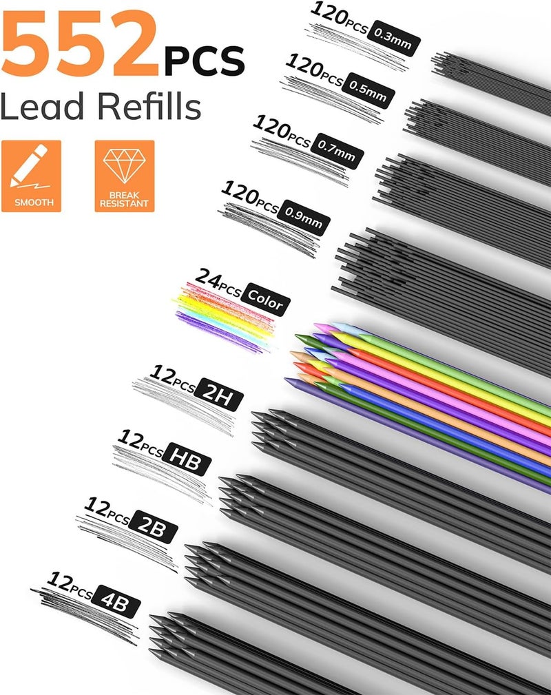 Four Candies 27PCS Art Mechanical Pencil Set with Case, 4PCS Metal Drawing Pencil 0.3, 0.5, 0.7, 0.9 mm & 2PCS 2mm Lead Holder (HB 2H 2B 4B Color) with 552 Graphite Lead Refills for Drawing Sketching - Image 2
